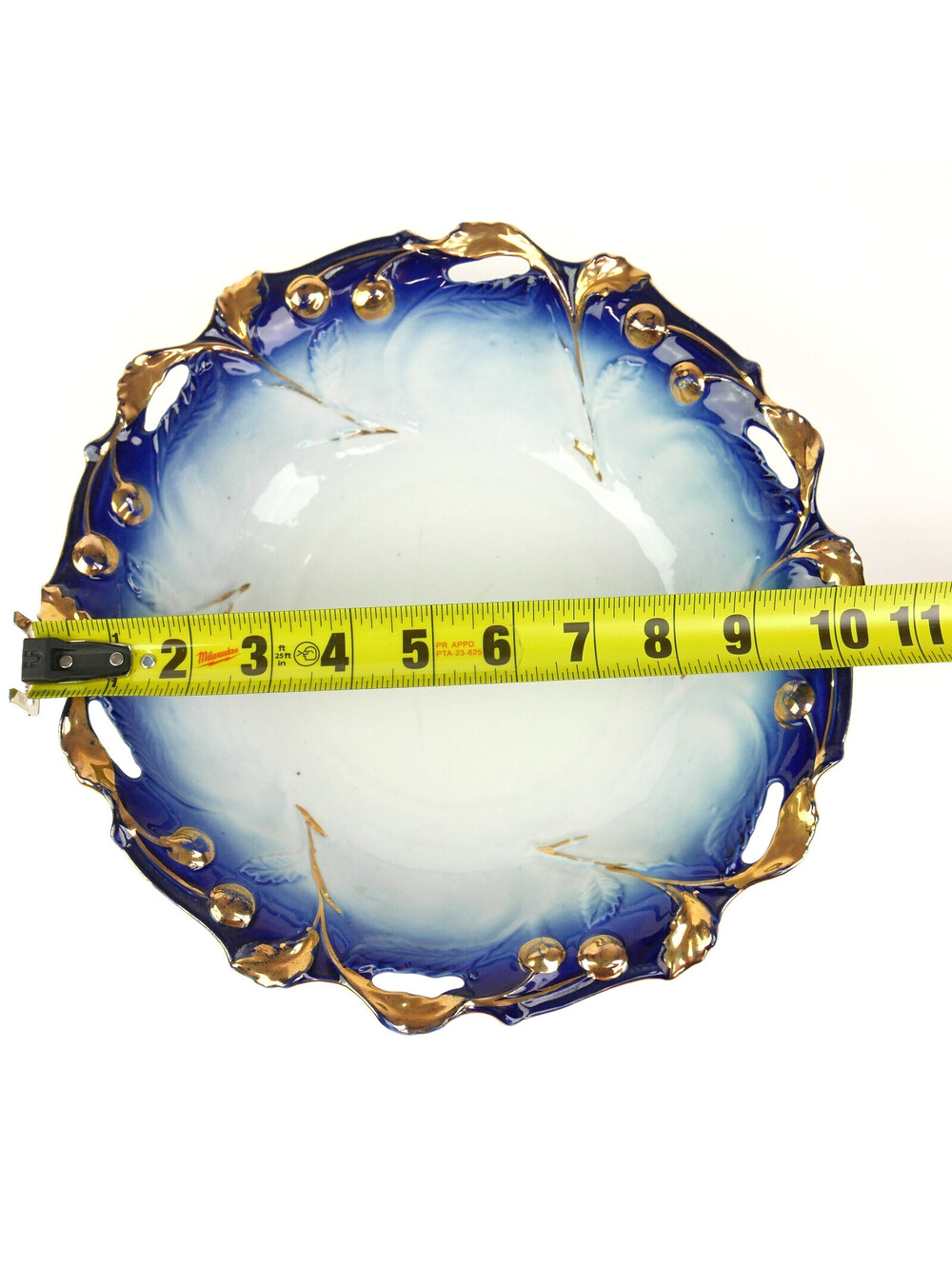 Antique Flow Blue Porcelain Bowl 10.4" Gold Gilt Embossed Cherries Openwork Rim - Picture 3 of 12